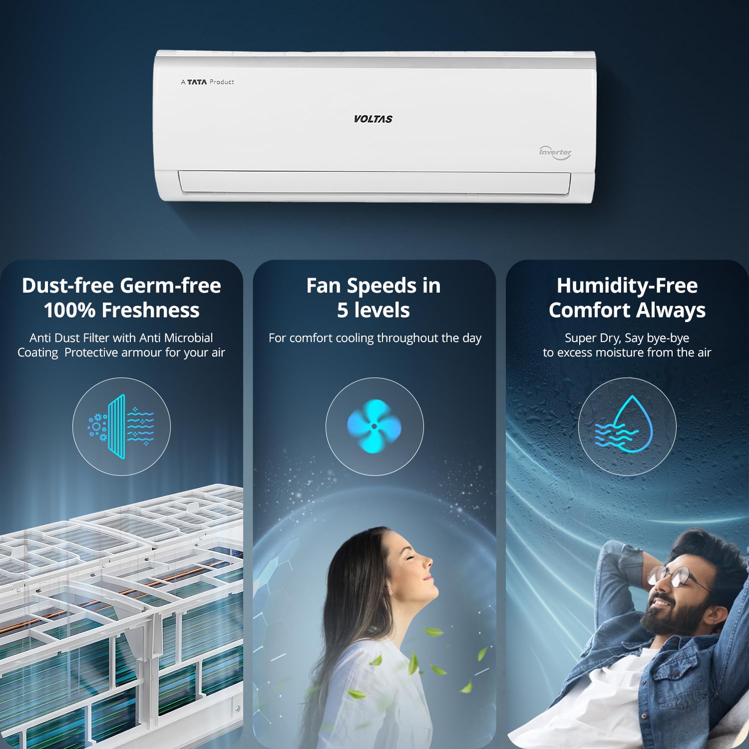 Voltas 243V Vectra Elite 2 ton 3 star inverter Split AC|4-IN-1 Adjustable mode|Energy Efficient|High ambient Cooling-cools even at 52°C|Anti dust filter with Anti-microbial coating|Copper Coil| White - Image 7