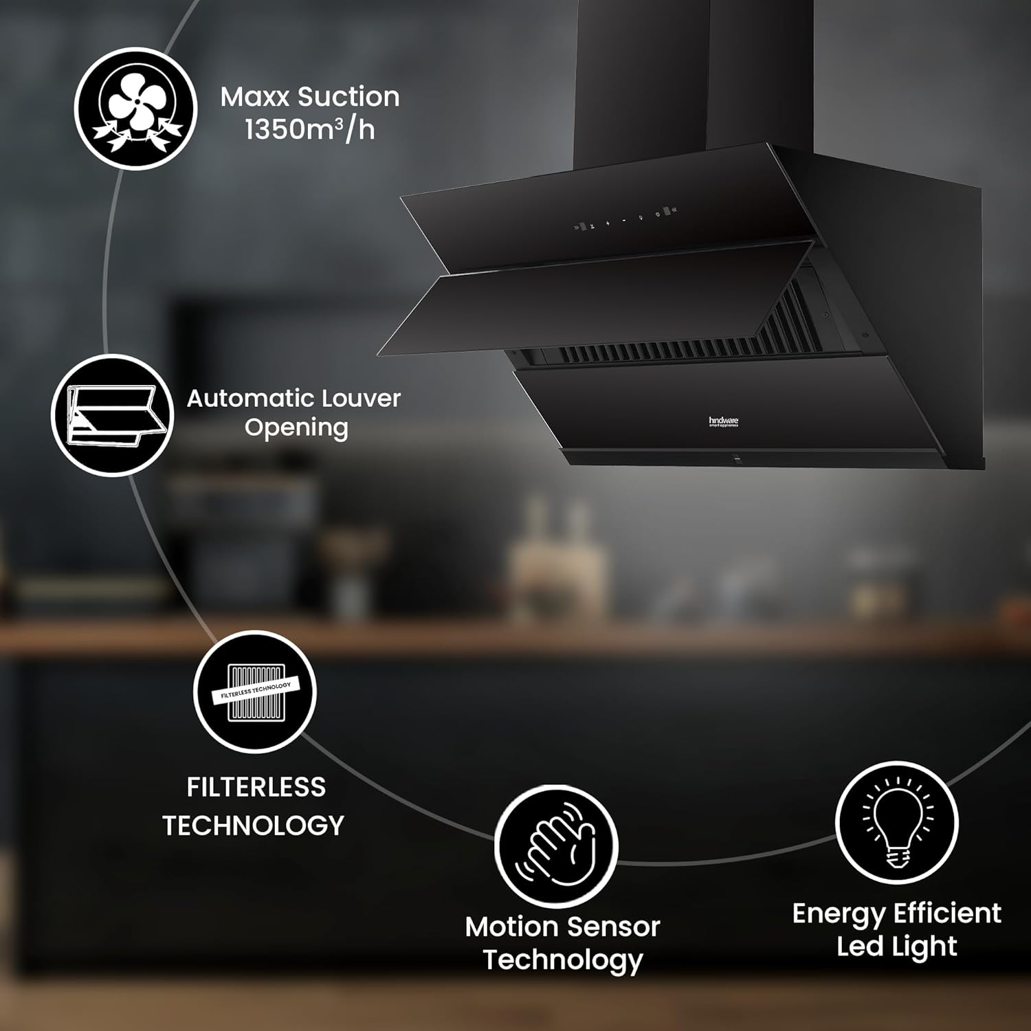 Hindware Smart Appliances | Skyla Neo 90 cm Chimney | 1350 CMH | Auto Clean | Slant Design | Filterless | Touch Control, Motion Sensor | 10 Yrs Warranty on Motor & 2 Yrs on Product (Black) - Image 10
