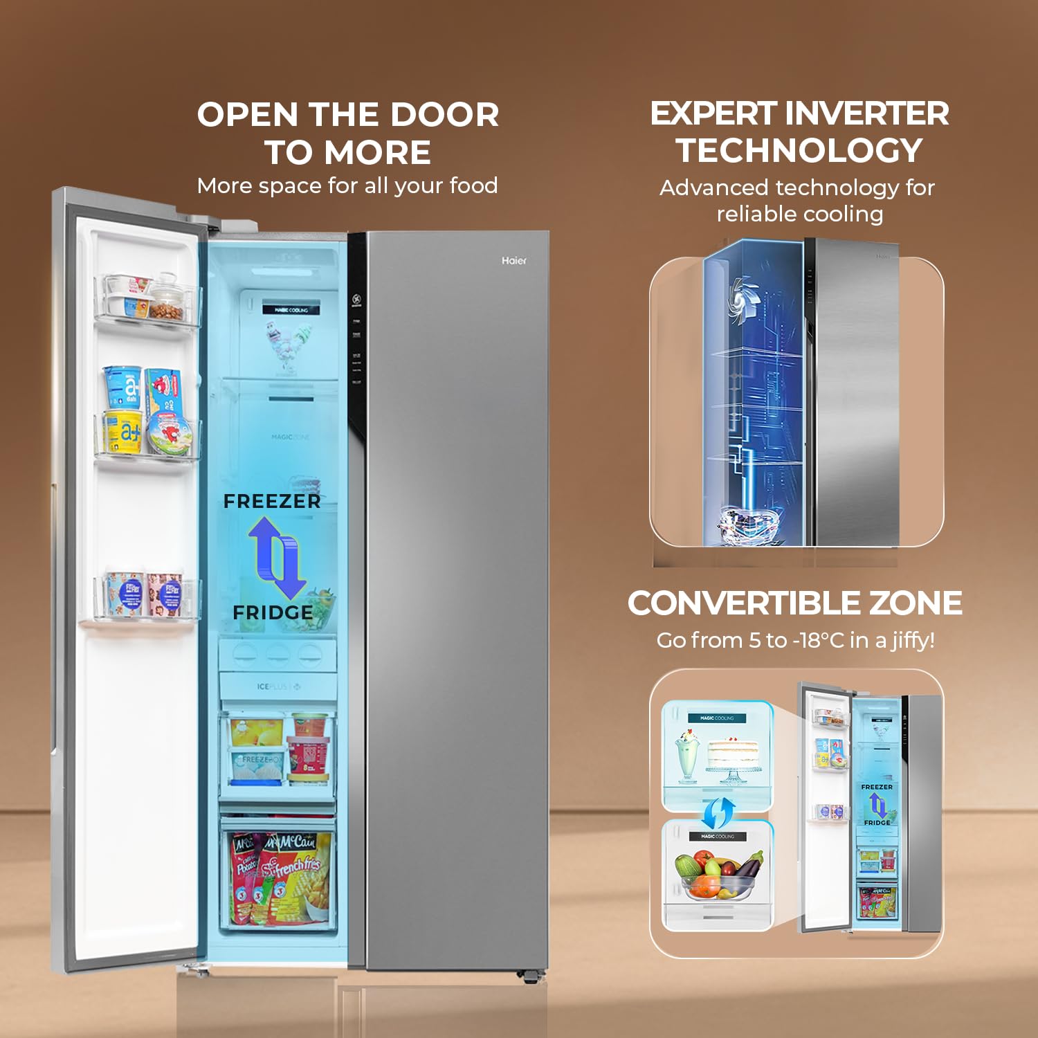 Haier 596 L 3 Star Frost Free Expert Inverter 2-Door Side by Side Refrigerator (HES-690SS, Shiny Silver, Magic Convertible, Deo Fresh Technology, 2026 Model) - Image 2