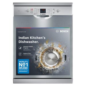 Bosch 13 Place Setting (fits up to 70 utensils) Free-Standing Dishwasher for Indian Utensils | Hygiene+ & Intensive Kadhai Program (SMS66GI01I, Silver Inox, Removes 99.9% Germs, Inbuilt Heater)