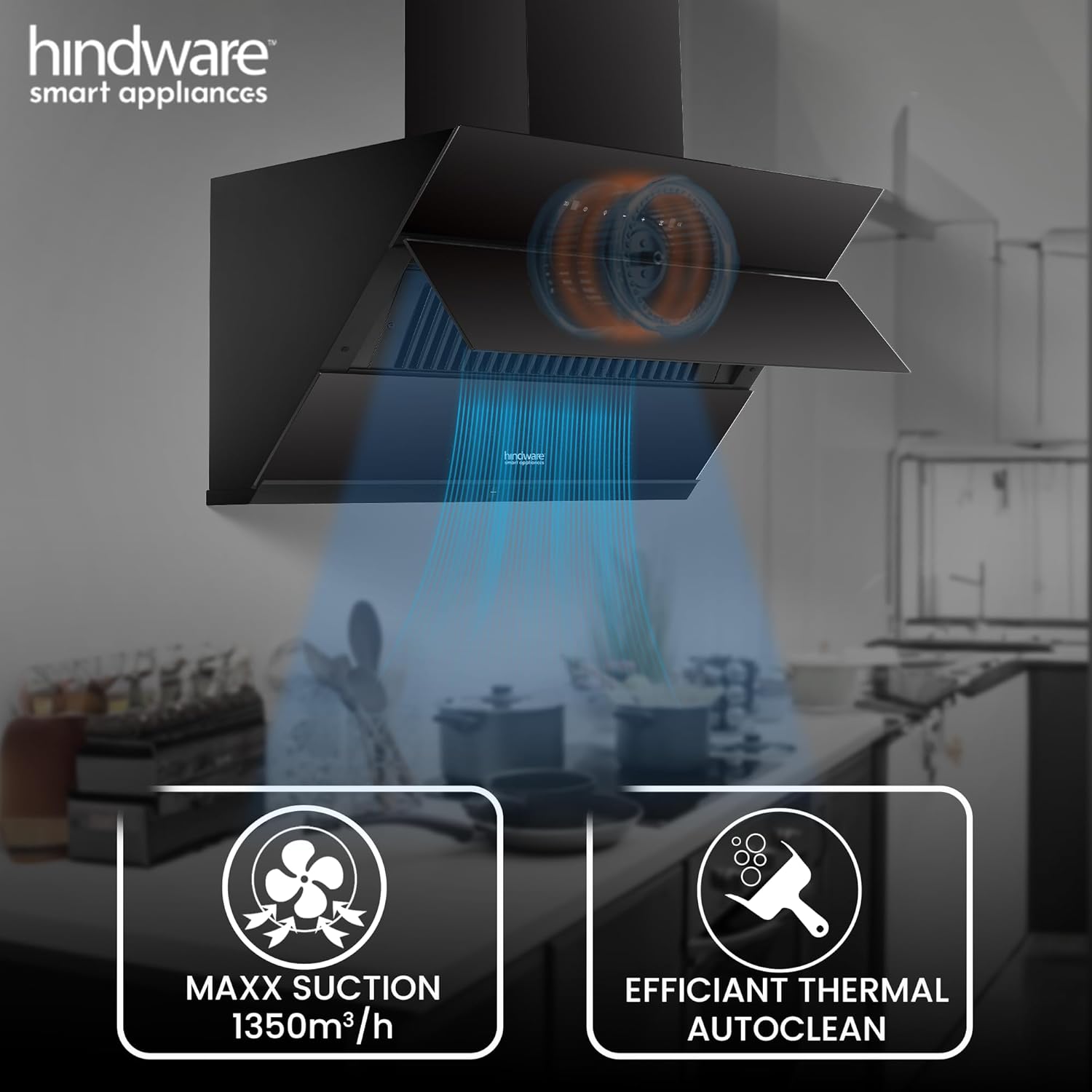 Hindware Smart Appliances | Skyla Neo 90 cm Chimney | 1350 CMH | Auto Clean | Slant Design | Filterless | Touch Control, Motion Sensor | 10 Yrs Warranty on Motor & 2 Yrs on Product (Black) - Image 8