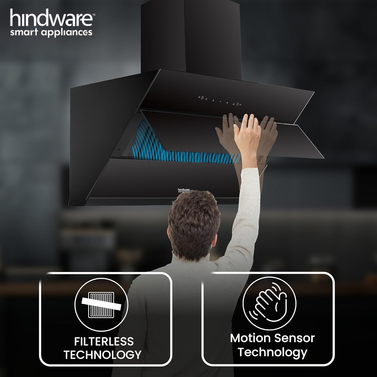 Hindware Smart Appliances | Skyla Neo 90 cm Chimney | 1350 CMH | Auto Clean | Slant Design | Filterless | Touch Control, Motion Sensor | 10 Yrs Warranty on Motor & 2 Yrs on Product (Black) - Image 6