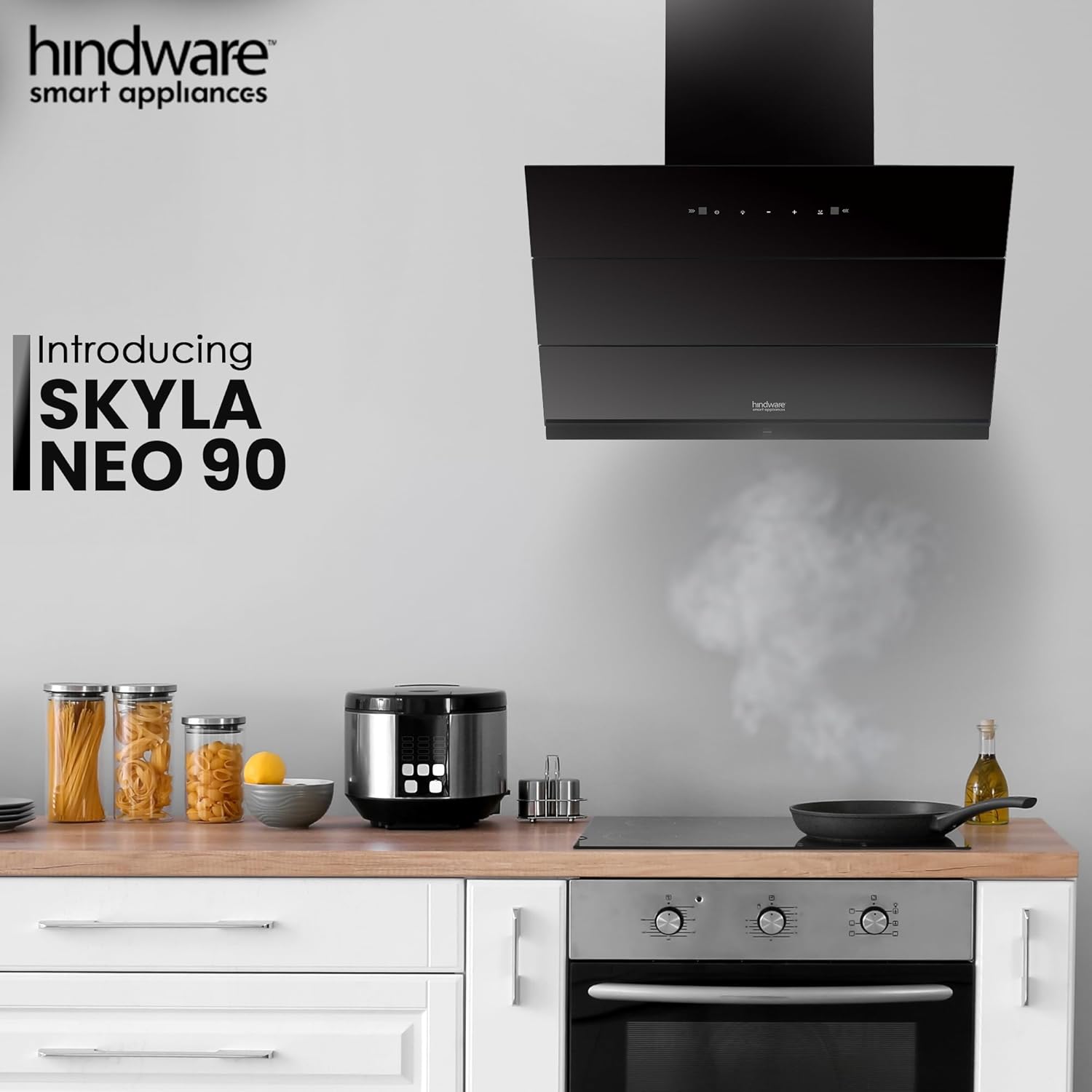 Hindware Smart Appliances | Skyla Neo 90 cm Chimney | 1350 CMH | Auto Clean | Slant Design | Filterless | Touch Control, Motion Sensor | 10 Yrs Warranty on Motor & 2 Yrs on Product (Black) - Image 4