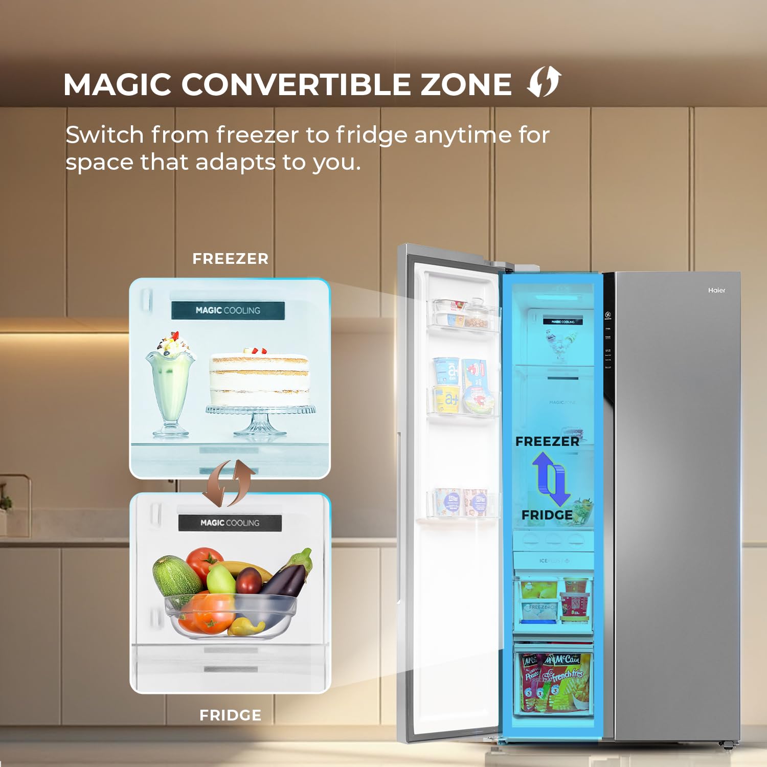 Haier 596 L 3 Star Frost Free Expert Inverter 2-Door Side by Side Refrigerator (HES-690SS, Shiny Silver, Magic Convertible, Deo Fresh Technology, 2026 Model) - Image 7