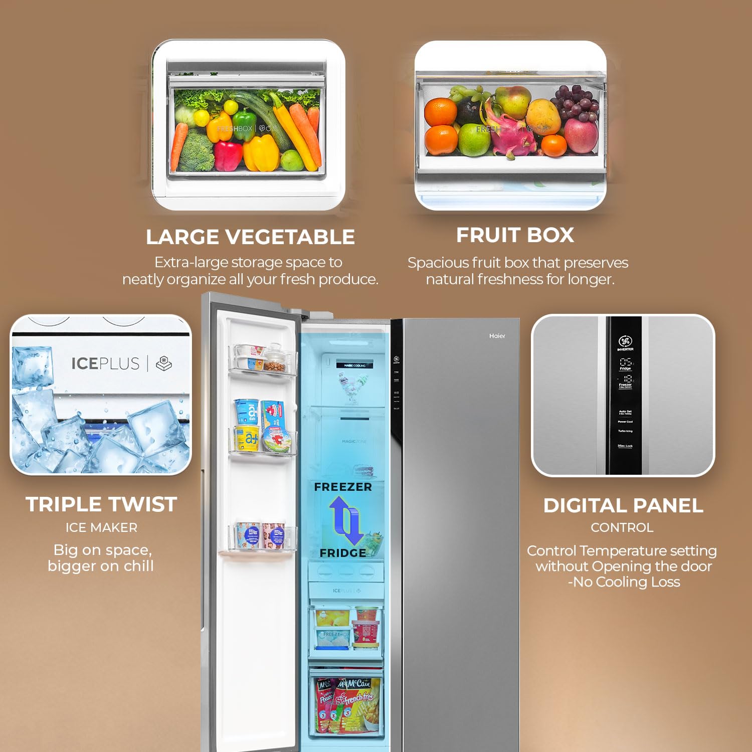 Haier 596 L 3 Star Frost Free Expert Inverter 2-Door Side by Side Refrigerator (HES-690SS, Shiny Silver, Magic Convertible, Deo Fresh Technology, 2026 Model) - Image 3