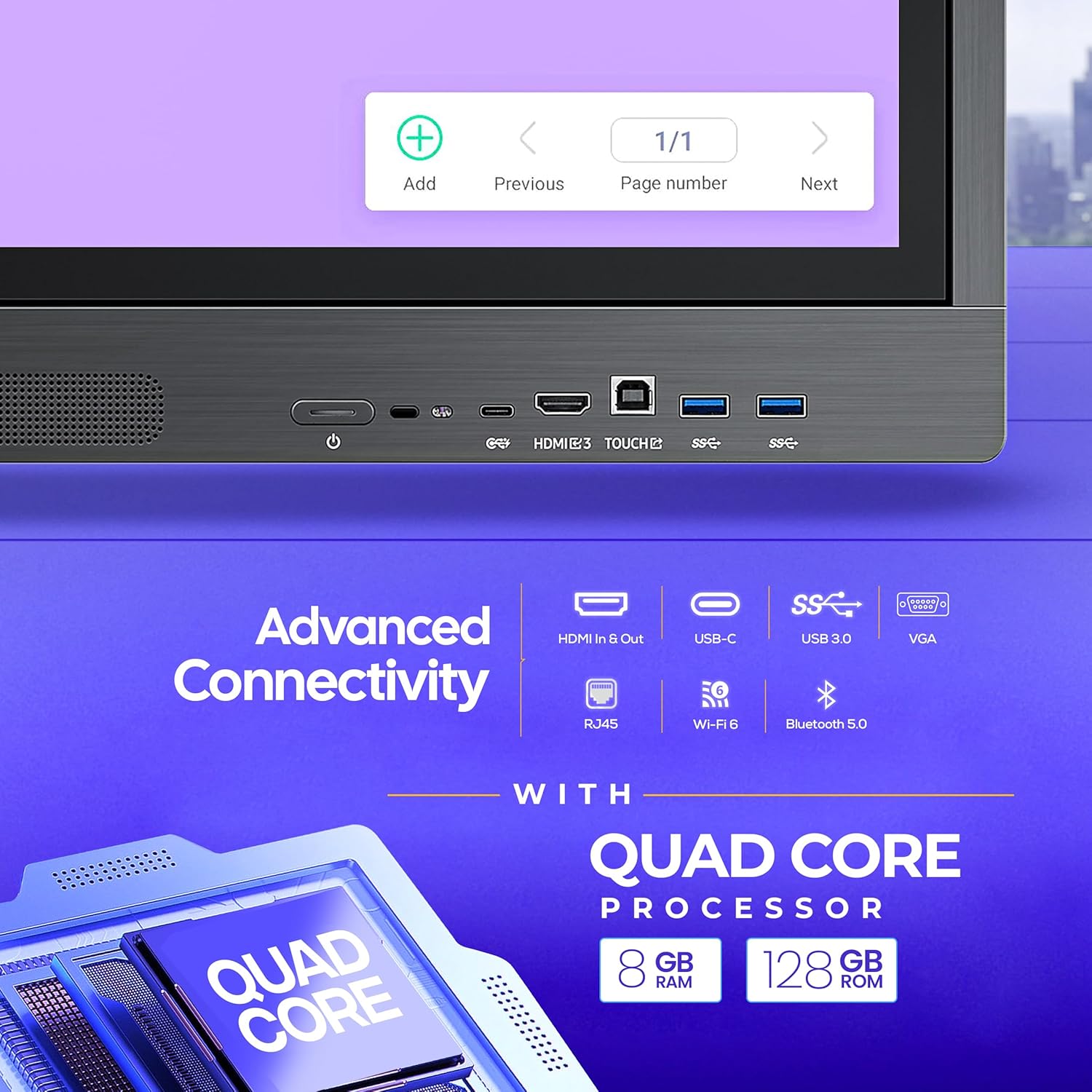 AIWaft Turbo AI 75 Inch 4K UHD Interactive Flat Panel | Android 14 | 8GB RAM 128GB Storage | 40-Point Multi-Touch Smart Board | Digital Teaching Display for Classroom & Coaching | HDMI USB Speakers - Image 4