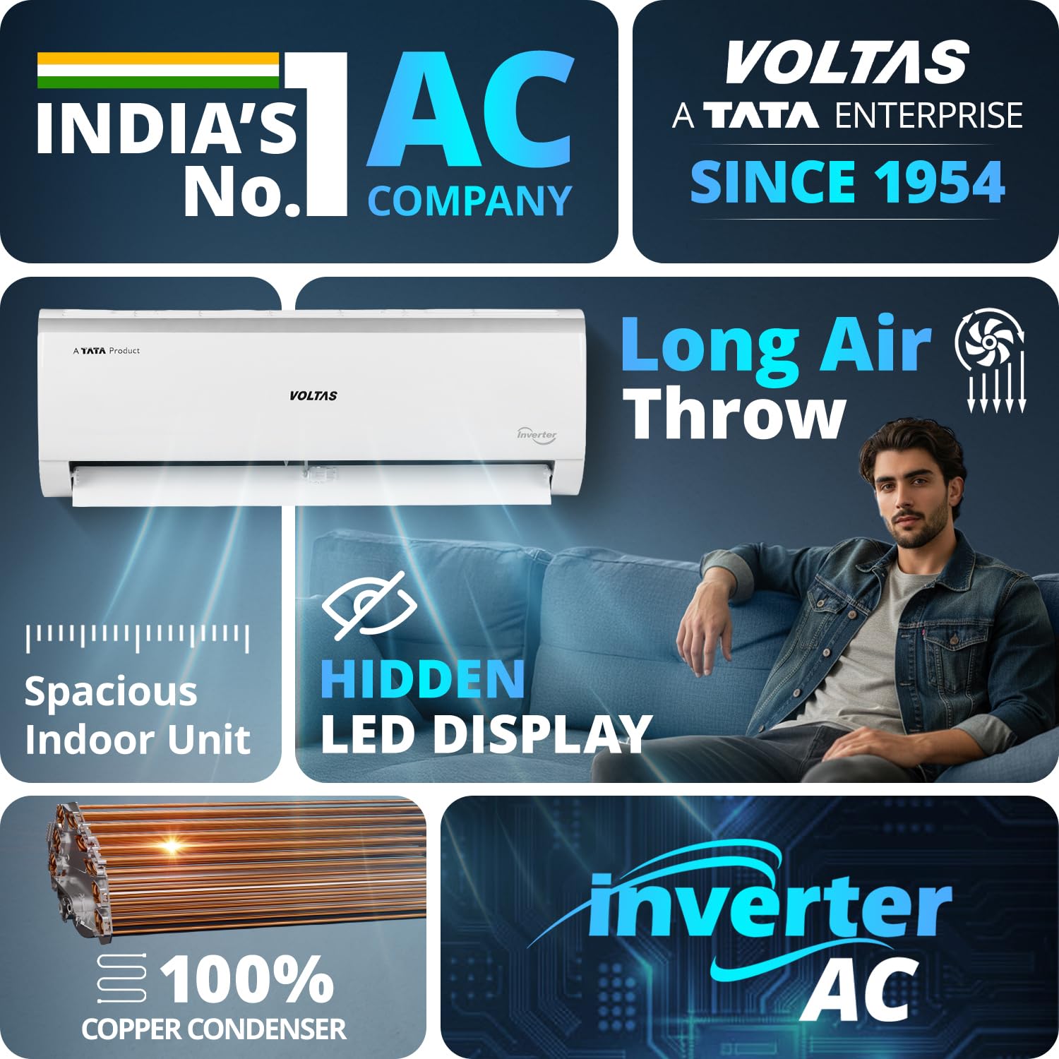 Voltas 243V Vectra Elite 2 ton 3 star inverter Split AC|4-IN-1 Adjustable mode|Energy Efficient|High ambient Cooling-cools even at 52°C|Anti dust filter with Anti-microbial coating|Copper Coil| White - Image 3