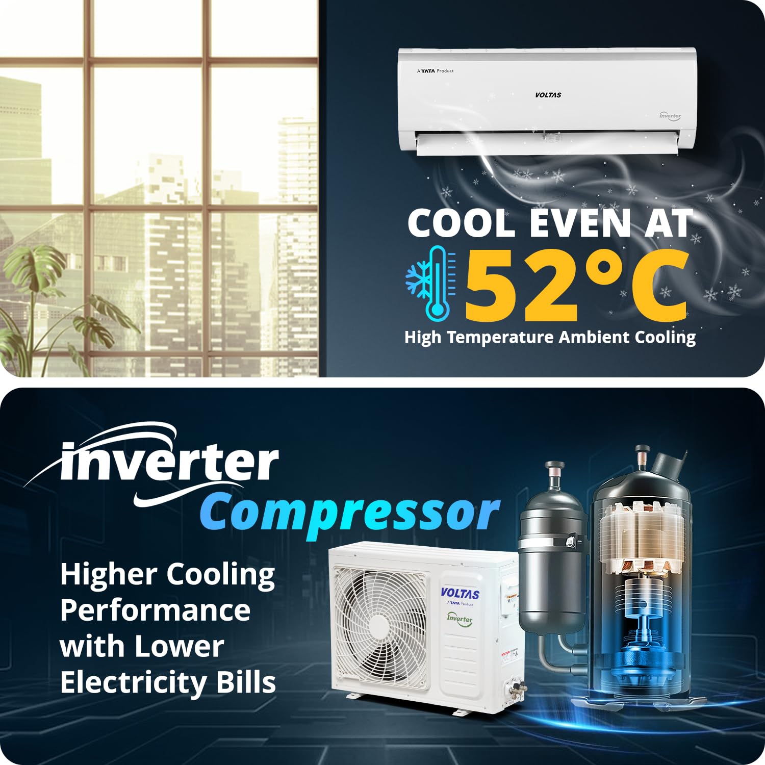 Voltas 243V Vectra Elite 2 ton 3 star inverter Split AC|4-IN-1 Adjustable mode|Energy Efficient|High ambient Cooling-cools even at 52°C|Anti dust filter with Anti-microbial coating|Copper Coil| White - Image 4