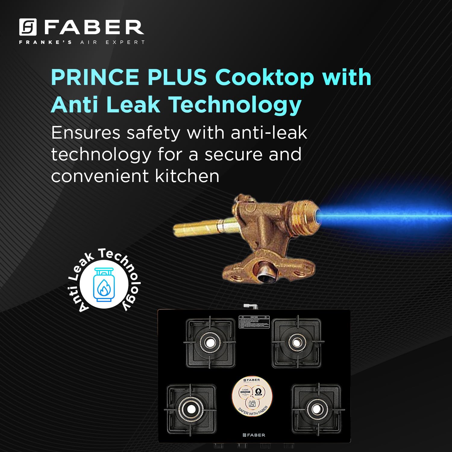 Faber Stylish 4 Brass Burners 69cm Sleek Cooktop |Manual Ignition|MS Powder Coated Pan Support|Black Glass Finish|5 Yrs Warranty Glass & Burners|2 Yrs Comprehensive & Valve| Cooktop Prince Plus 4BB BK - Image 4