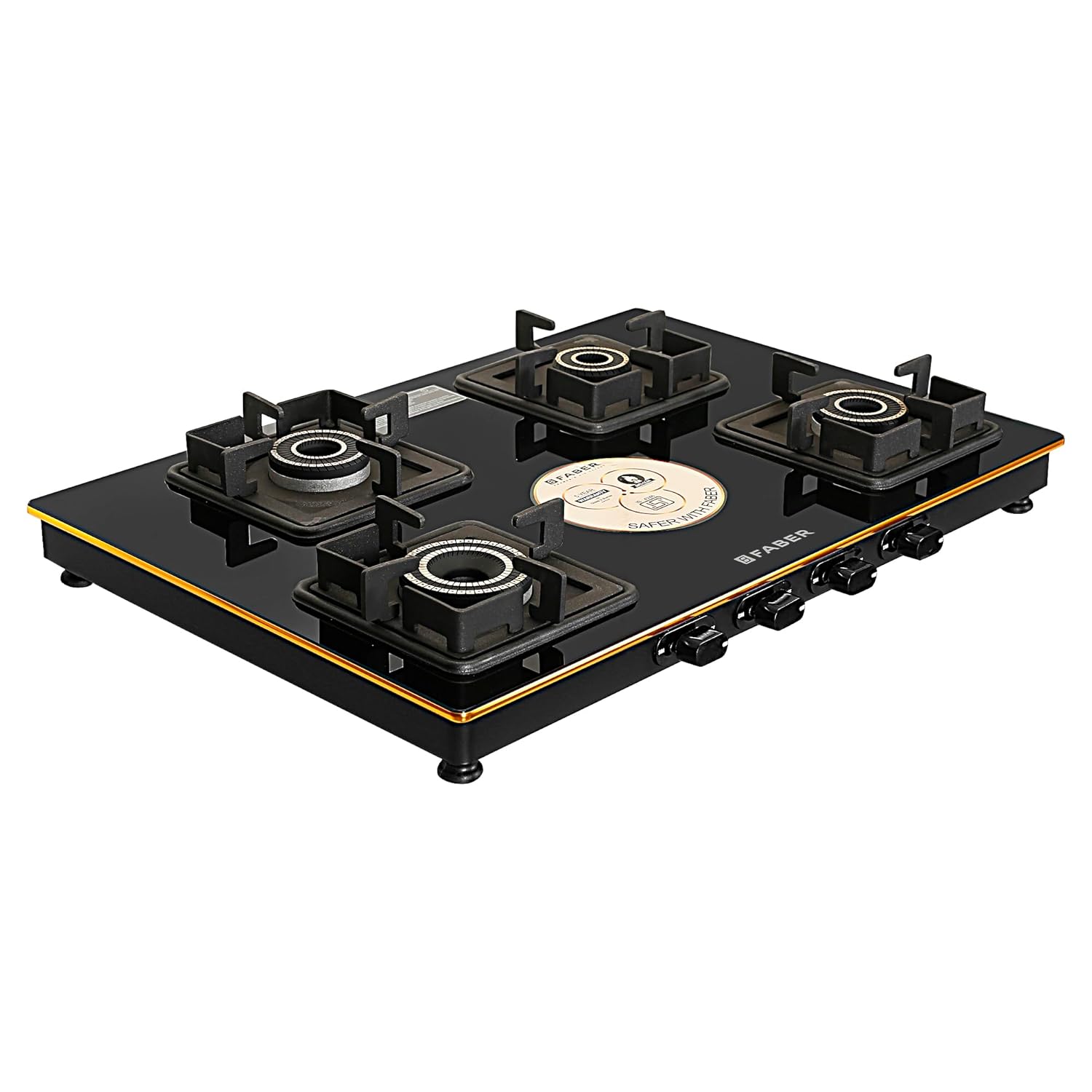 Faber Stylish 4 Brass Burners 69cm Sleek Cooktop |Manual Ignition|MS Powder Coated Pan Support|Black Glass Finish|5 Yrs Warranty Glass & Burners|2 Yrs Comprehensive & Valve| Cooktop Prince Plus 4BB BK - Image 3