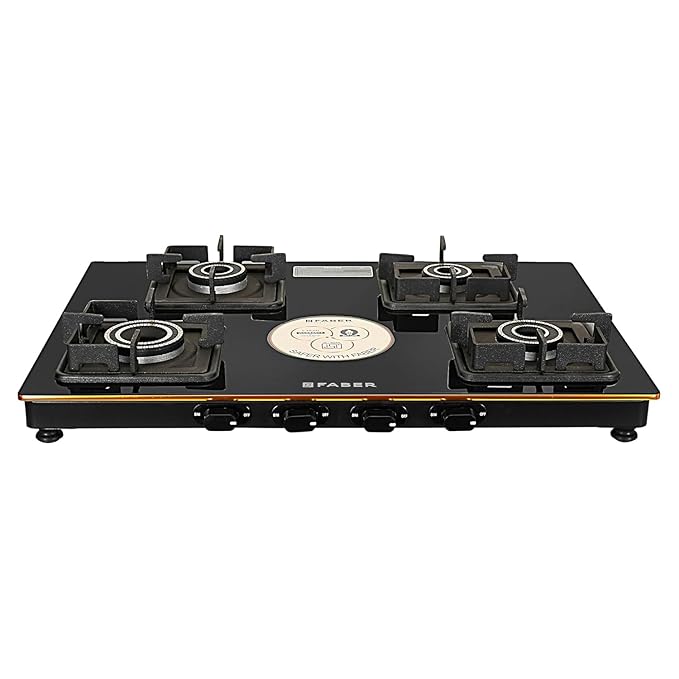 Faber Stylish 4 Brass Burners 69cm Sleek Cooktop |Manual Ignition|MS Powder Coated Pan Support|Black Glass Finish|5 Yrs Warranty Glass & Burners|2 Yrs Comprehensive & Valve| Cooktop Prince Plus 4BB BK