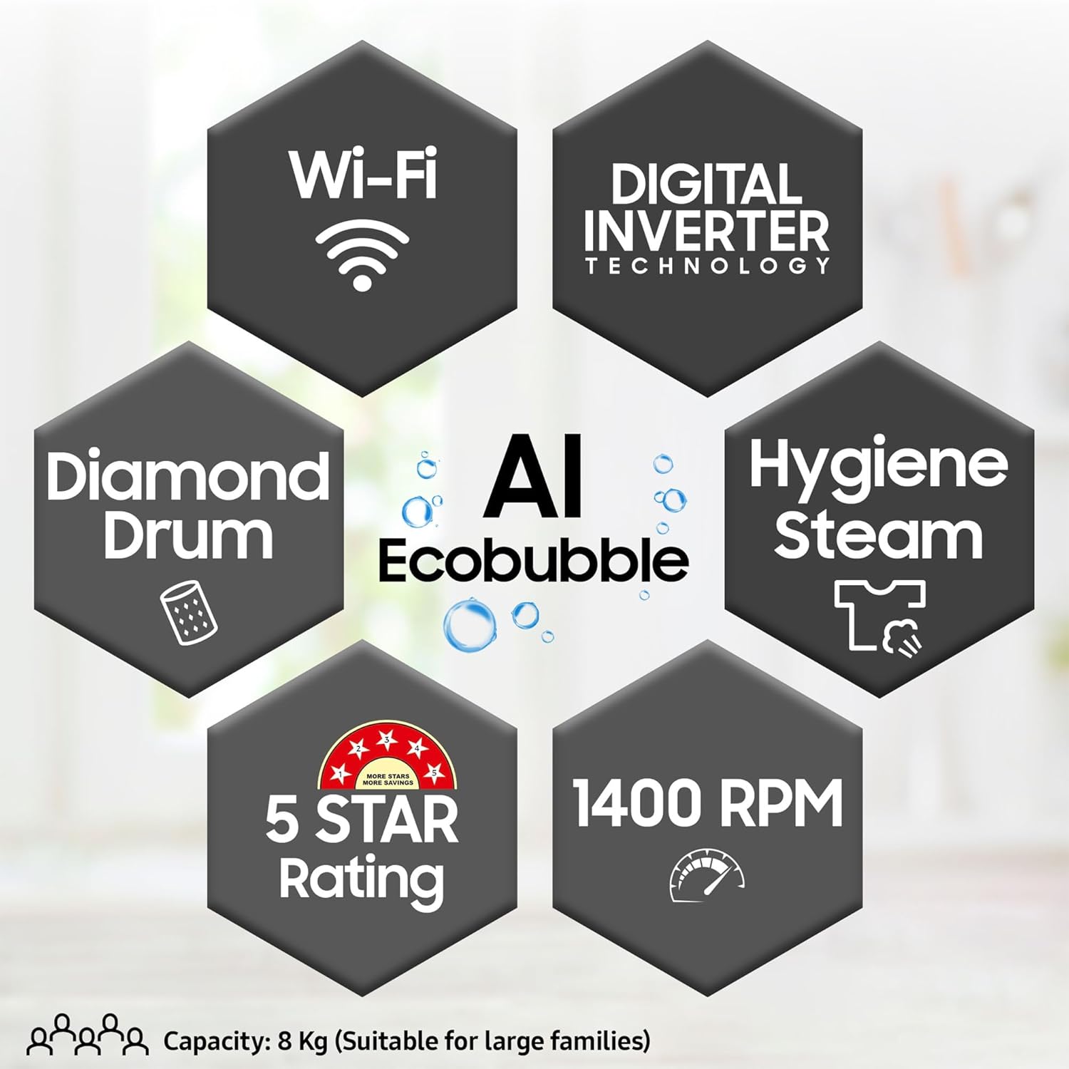 Samsung 8 kg, 5 star, Eco Bubble Technology, AI Control, Wi-Fi, Fully-Automatic Front Load Washing Machine (WW80T504DAB1TL, Hygiene Steam, Black Caviar, Awarded as Washing Machine Brand of the year) - Image 2