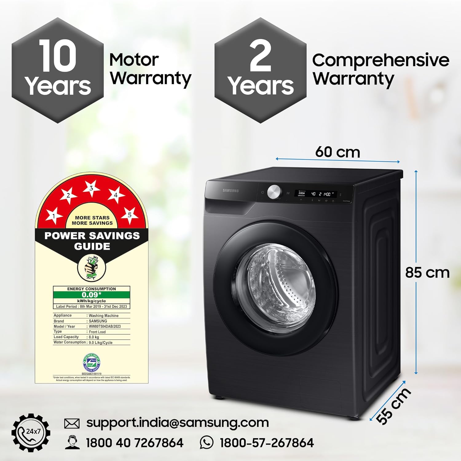 Samsung 8 kg, 5 star, Eco Bubble Technology, AI Control, Wi-Fi, Fully-Automatic Front Load Washing Machine (WW80T504DAB1TL, Hygiene Steam, Black Caviar, Awarded as Washing Machine Brand of the year) - Image 3