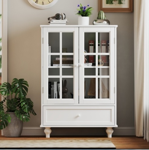 Minimalist White Buffet Cabinet With Double Glass Doors And Drawer, Modern Wooden Storage Sideboard Cupboard For Living Room, Dining Room Hallway Entryway - Image 8