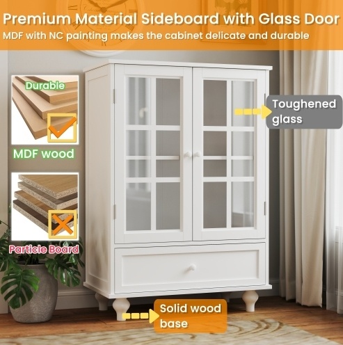 Minimalist White Buffet Cabinet With Double Glass Doors And Drawer, Modern Wooden Storage Sideboard Cupboard For Living Room, Dining Room Hallway Entryway - Image 10