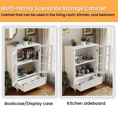 Minimalist White Buffet Cabinet With Double Glass Doors And Drawer, Modern Wooden Storage Sideboard Cupboard For Living Room, Dining Room Hallway Entryway - Image 5
