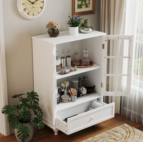 Minimalist White Buffet Cabinet With Double Glass Doors And Drawer, Modern Wooden Storage Sideboard Cupboard For Living Room, Dining Room Hallway Entryway - Image 6