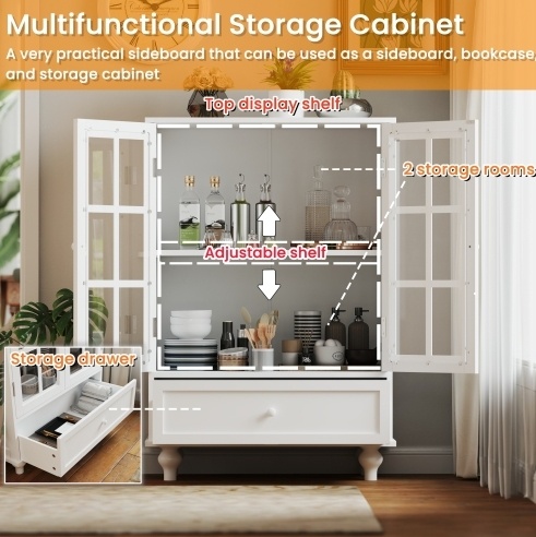 Minimalist White Buffet Cabinet With Double Glass Doors And Drawer, Modern Wooden Storage Sideboard Cupboard For Living Room, Dining Room Hallway Entryway - Image 4
