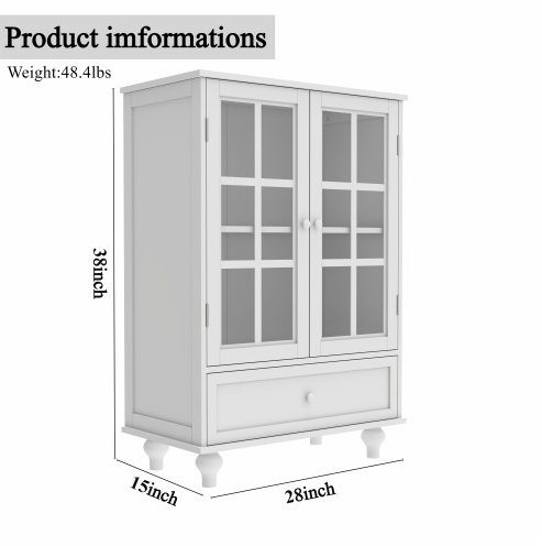 Minimalist White Buffet Cabinet With Double Glass Doors And Drawer, Modern Wooden Storage Sideboard Cupboard For Living Room, Dining Room Hallway Entryway - Image 7