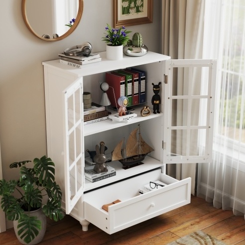 Minimalist White Buffet Cabinet With Double Glass Doors And Drawer, Modern Wooden Storage Sideboard Cupboard For Living Room, Dining Room Hallway Entryway - Image 9